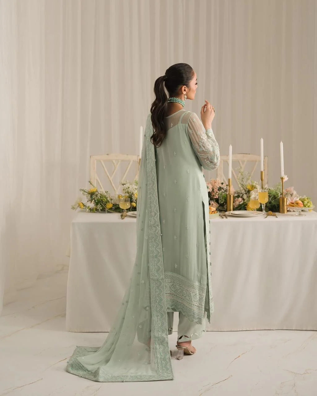 Soft Sage Green: Embroidered Chiffon Suit With Malai Trouser | Ready To Wear