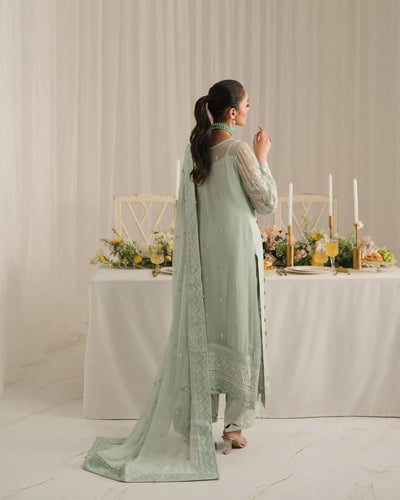 Soft Sage Green: Embroidered Chiffon Suit With Malai Trouser | Ready To Wear