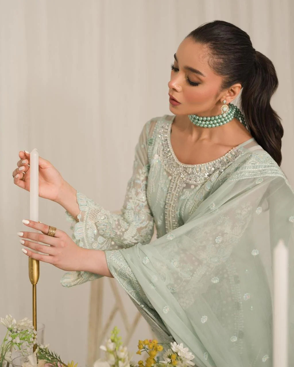 Soft Sage Green: Embroidered Chiffon Suit With Malai Trouser | Ready To Wear