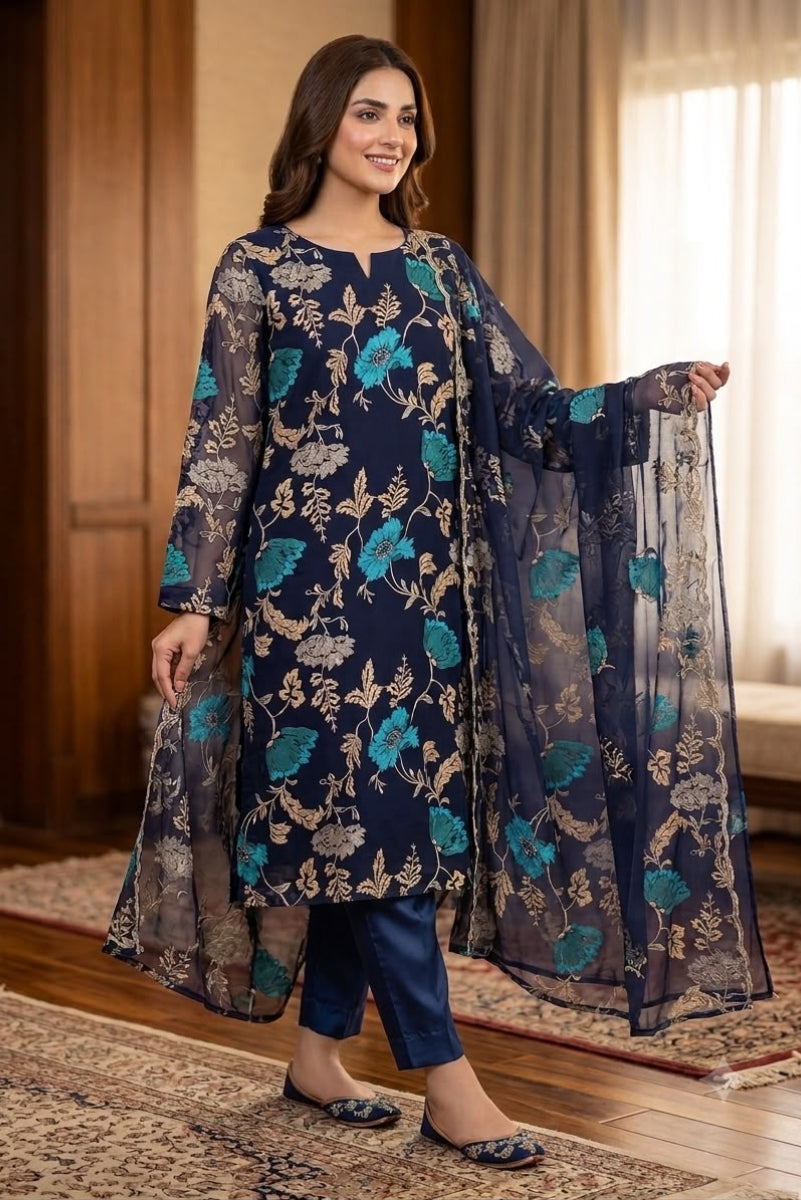 Midnight Blue - Floral Embroidered Chiffon Suit | Ready To Wear