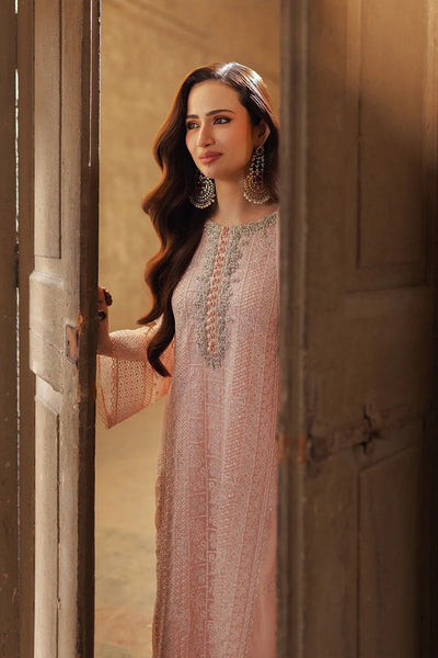 Soft Peach & Pearl: Embroidered Chiffon Suit | Ready To Wear