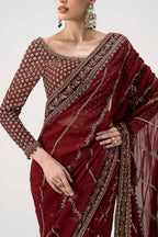 Crimson Maroon & Antique Gold: Embroidered Chiffon Saree