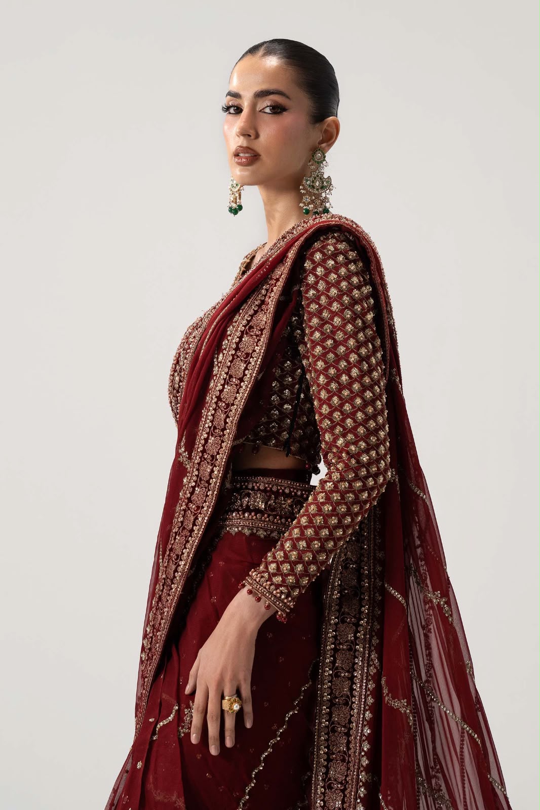 Crimson Maroon & Antique Gold: Embroidered Chiffon Saree
