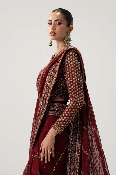 Crimson Maroon & Antique Gold: Embroidered Chiffon Saree