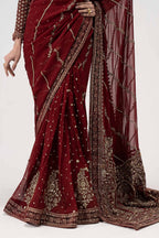 Crimson Maroon & Antique Gold: Embroidered Chiffon Saree