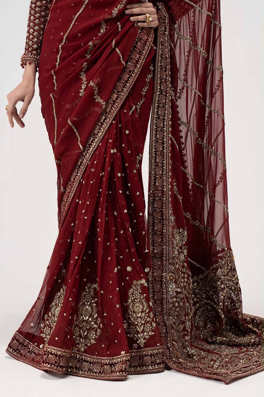 Crimson Maroon & Antique Gold: Embroidered Chiffon Saree