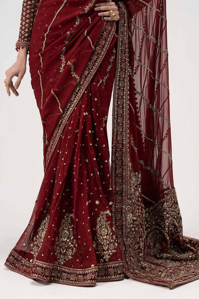 Crimson Maroon & Antique Gold: Embroidered Chiffon Saree