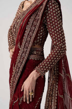 Crimson Maroon & Antique Gold: Embroidered Chiffon Saree