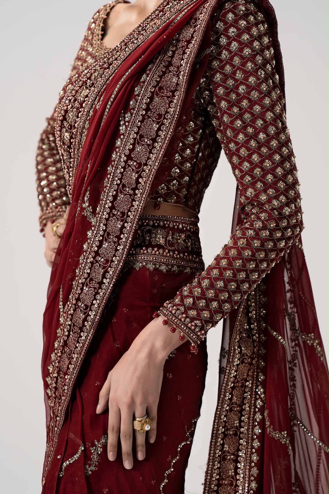 Crimson Maroon & Antique Gold: Embroidered Chiffon Saree