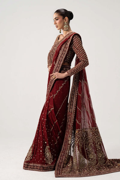 Crimson Maroon & Antique Gold: Embroidered Chiffon Saree