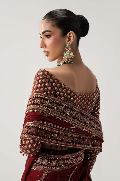 Crimson Maroon & Antique Gold: Embroidered Chiffon Saree