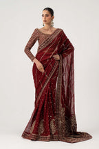 Crimson Maroon & Antique Gold: Embroidered Chiffon Saree
