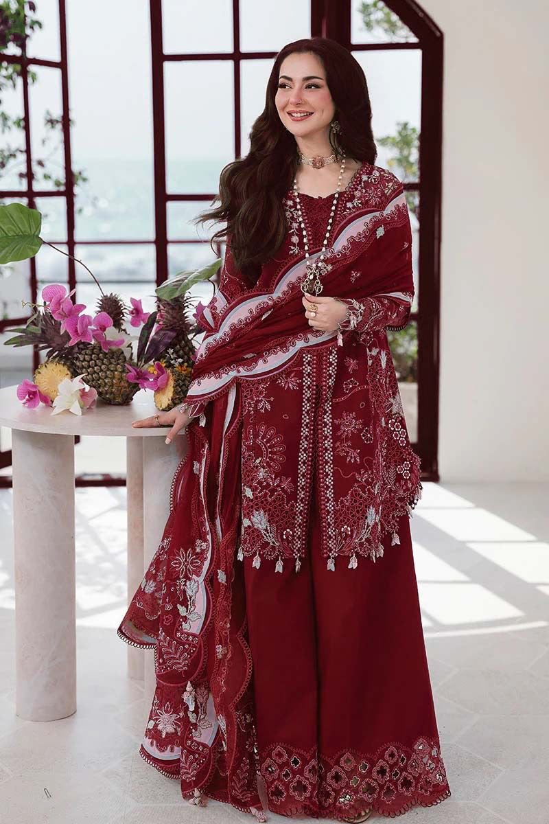 Burgundy Maroon & White Lace Contrast: Embroidered Lawn Suit