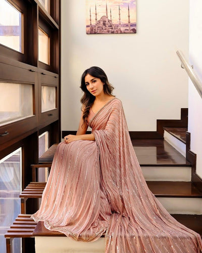 Semi Pure Chiffon Sequence Embroidered Saree  | Ready To Wear