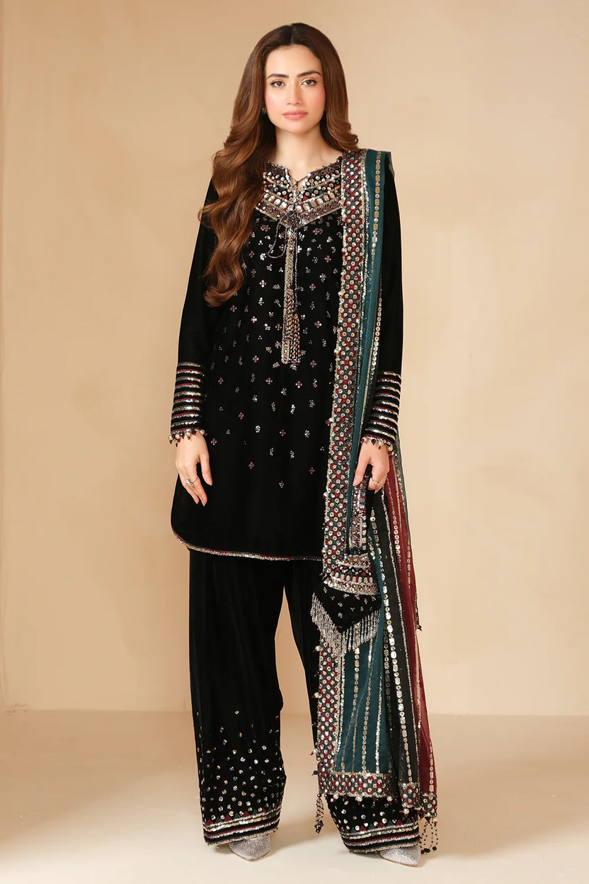 03 Piece Velvet Embroidered Suit - Ready To Wear