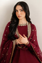 Deep Ruby Maroon & Antique Gold: Embroidered Chiffon Suit