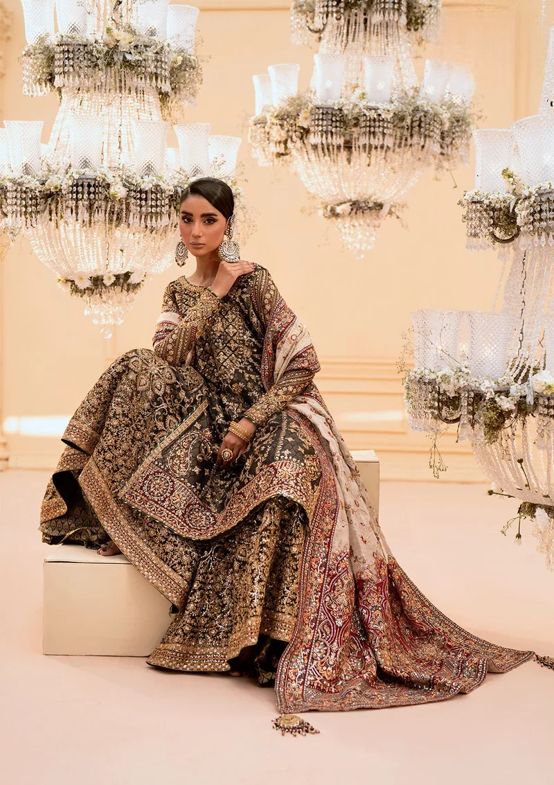 Deep Antique Bronze & Charcoal: Heavy Embroidered Organza Suit |