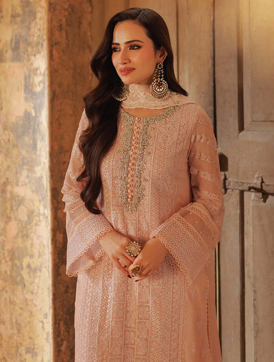 Soft Peach & Pearl: Embroidered Chiffon Suit | Ready To Wear
