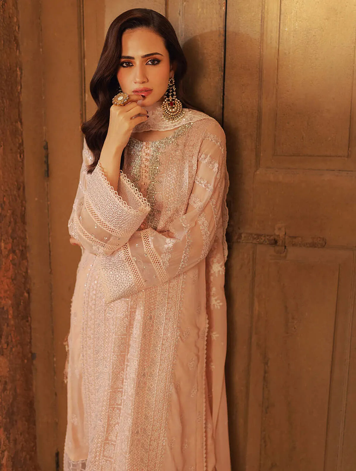 Soft Peach & Pearl: Embroidered Chiffon Suit | Ready To Wear