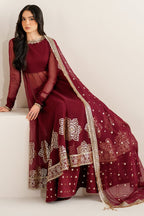 Deep Ruby Maroon & Antique Gold: Embroidered Chiffon Suit