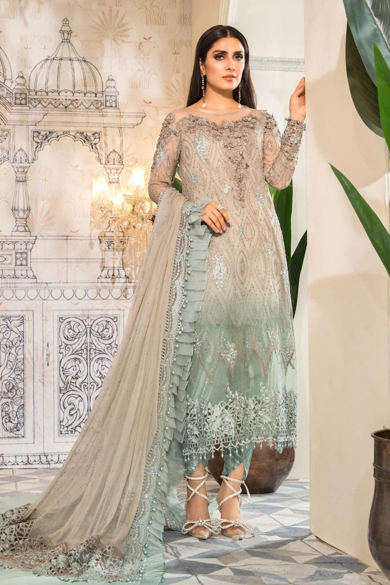 Dual-Tone Taupe & Mint: Embroidered Chiffon Suit