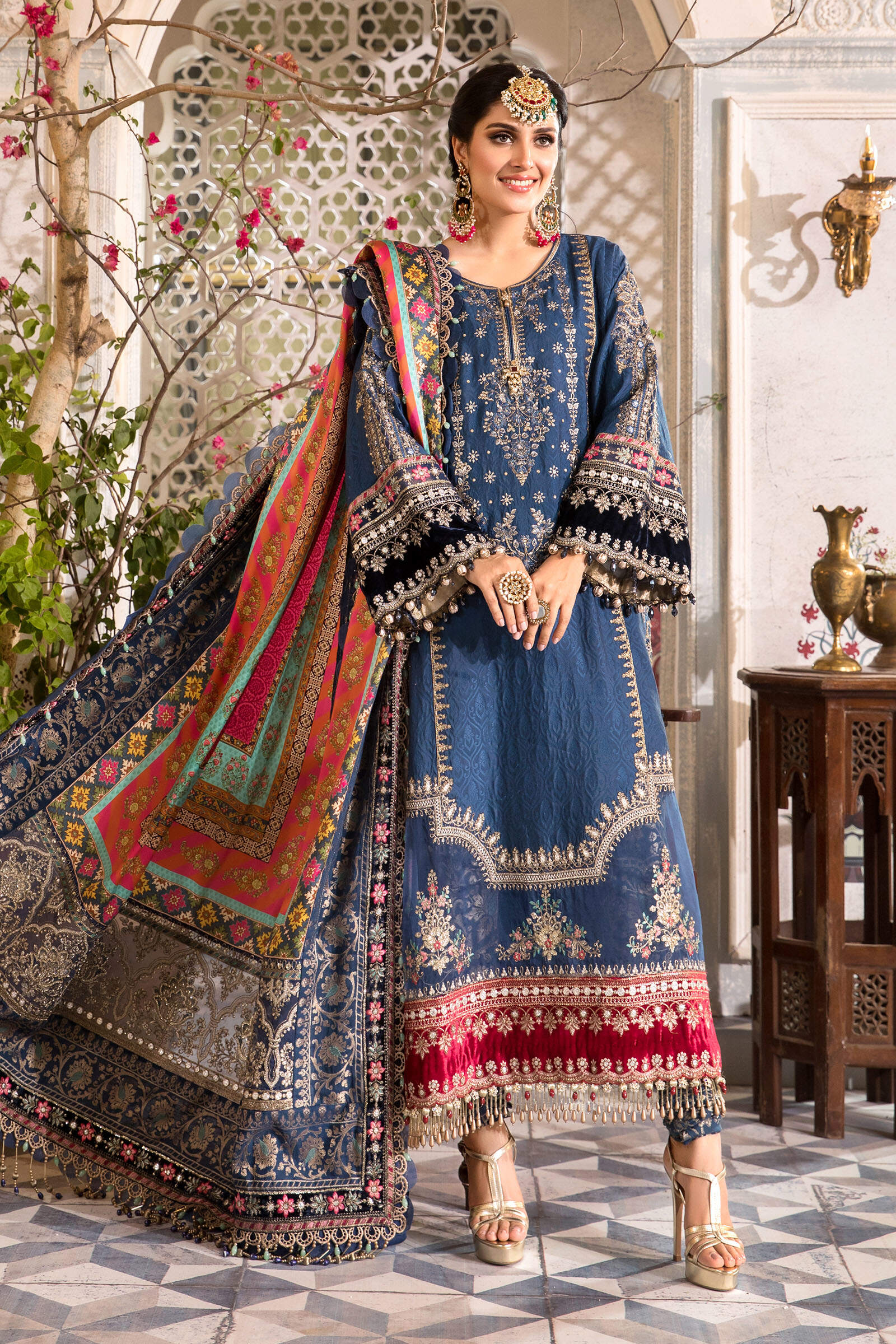 Midnight Blue & Crimson Gold: Embroidered Chiffon Suit