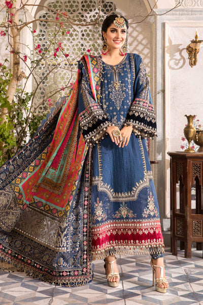 Midnight Blue & Crimson Gold: Embroidered Chiffon Suit