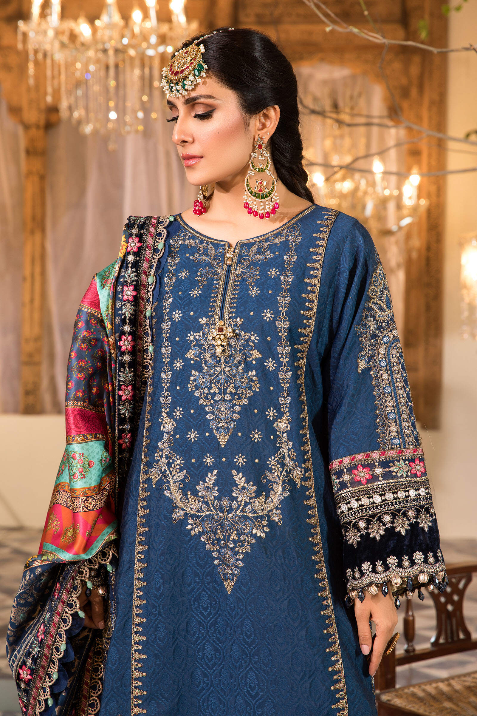 Midnight Blue & Crimson Gold: Embroidered Chiffon Suit
