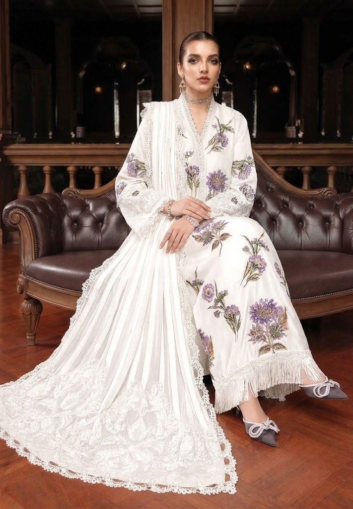 Pure White & Lavender Accent: Embroidered Silk Suit