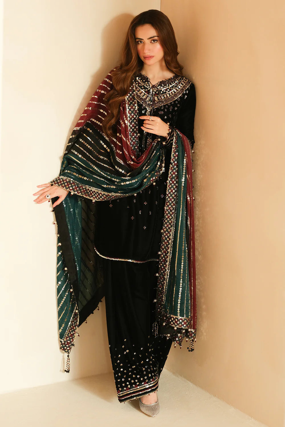 03 Piece Velvet Embroidered Suit - Ready To Wear