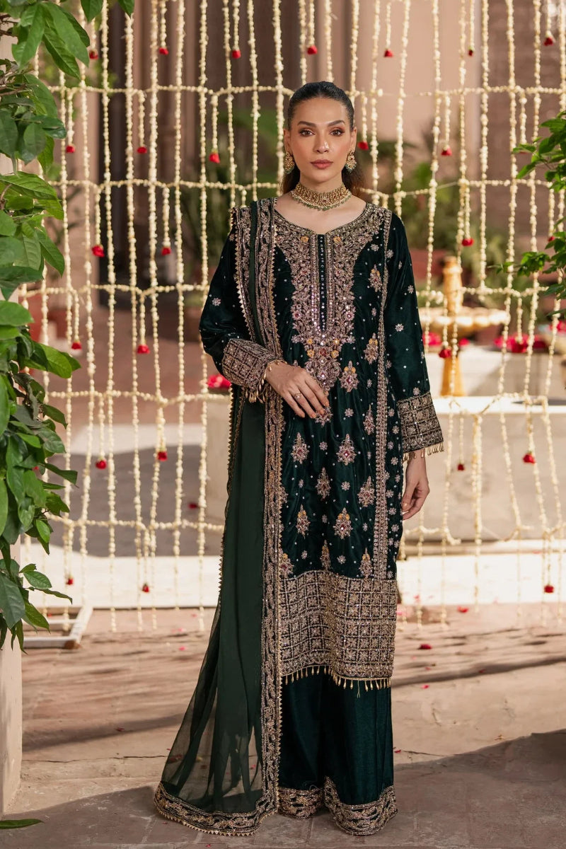 Bottle Green & Antique Gold: Embroidered Velvet Suit | Ready To Wear