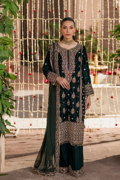 Bottle Green & Antique Gold: Embroidered Velvet Suit | Ready To Wear