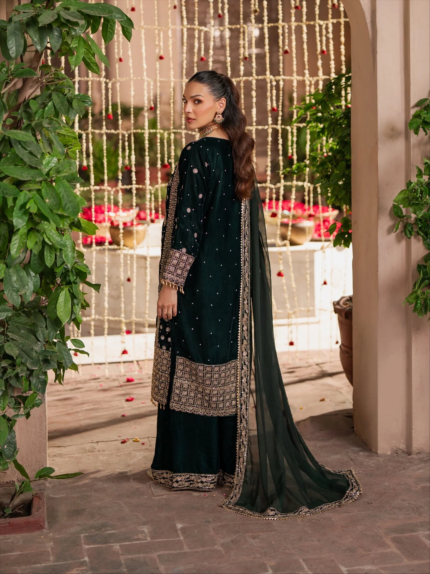 Bottle Green & Antique Gold: Embroidered Velvet Suit | Ready To Wear