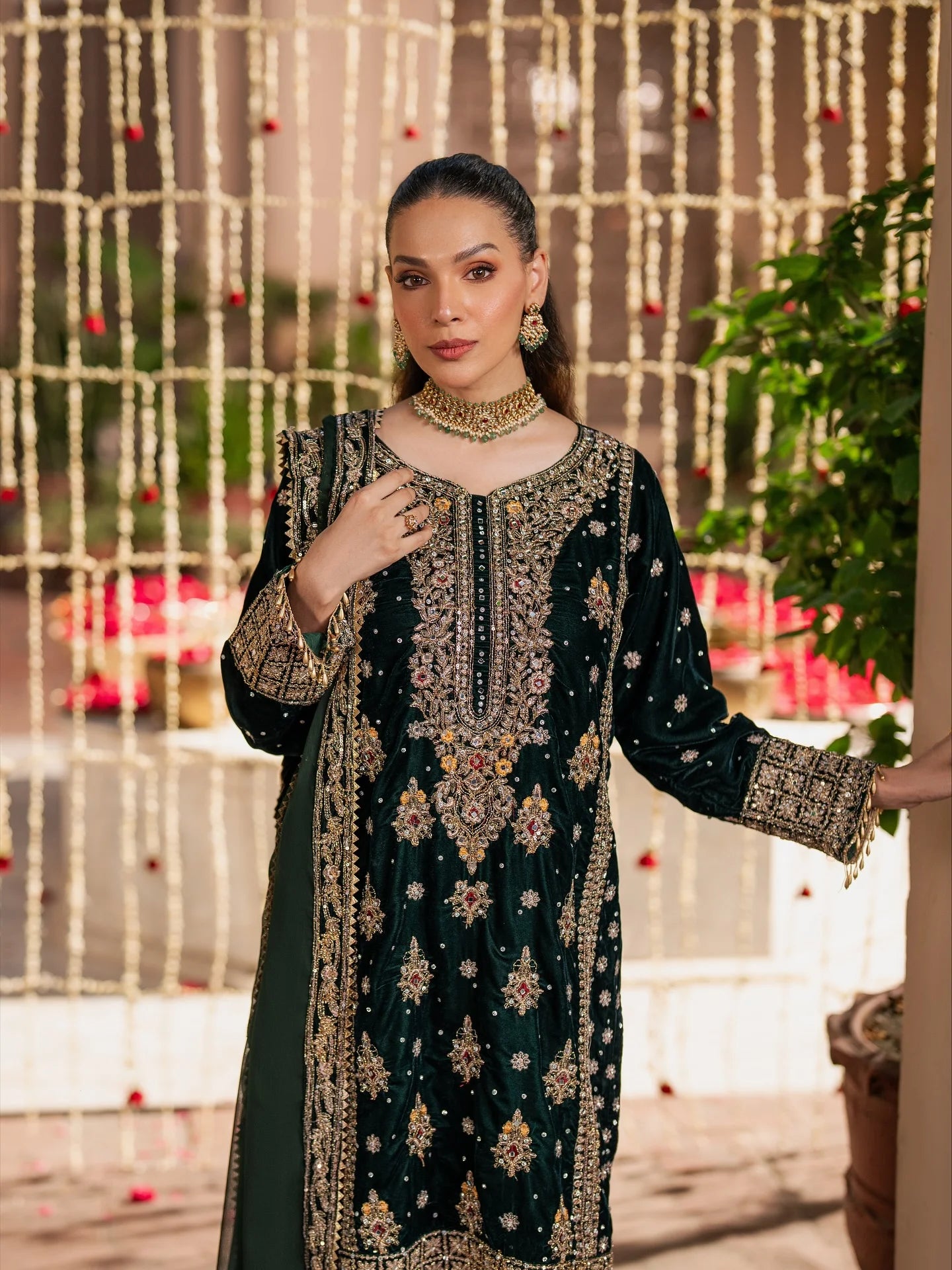 Bottle Green & Antique Gold: Embroidered Velvet Suit | Ready To Wear