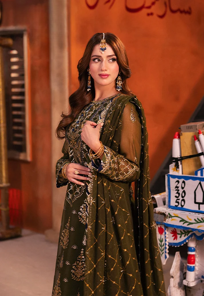 Deep Olive Green & Antique Gold: Embroidered Chiffon Suit