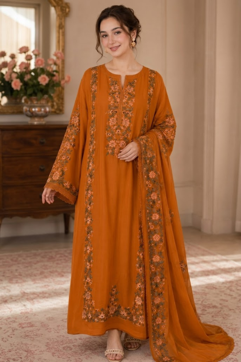 03 Piece Embroidered Shamoz Silk Kaftan Suit - Ready To Wear
