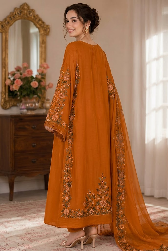 03 Piece Embroidered Shamoz Silk Kaftan Suit - Ready To Wear