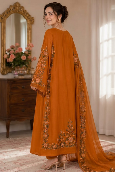 03 Piece Embroidered Shamoz Silk Kaftan Suit - Ready To Wear