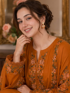 03 Piece Embroidered Shamoz Silk Kaftan Suit - Ready To Wear