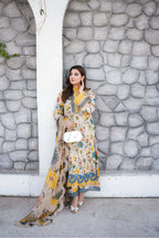 Neutral Beige & Floral Printed Lawn Suit | Ready To Wear