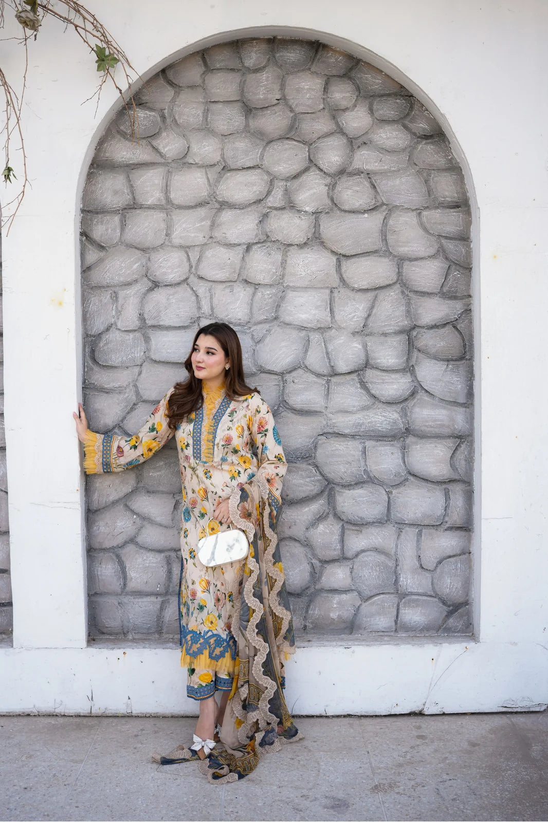 Neutral Beige & Floral Printed Lawn Suit | Ready To Wear