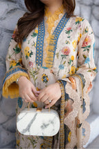 Neutral Beige & Floral Printed Lawn Suit | Ready To Wear