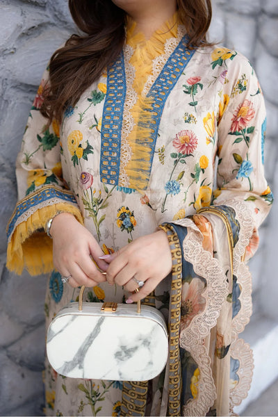 Neutral Beige & Floral Printed Lawn Suit | Ready To Wear