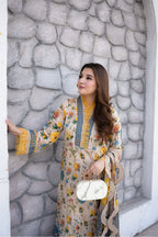 Neutral Beige & Floral Printed Lawn Suit | Ready To Wear