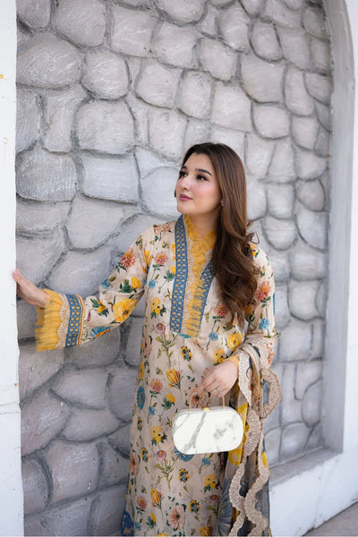 Neutral Beige & Floral Printed Lawn Suit | Ready To Wear