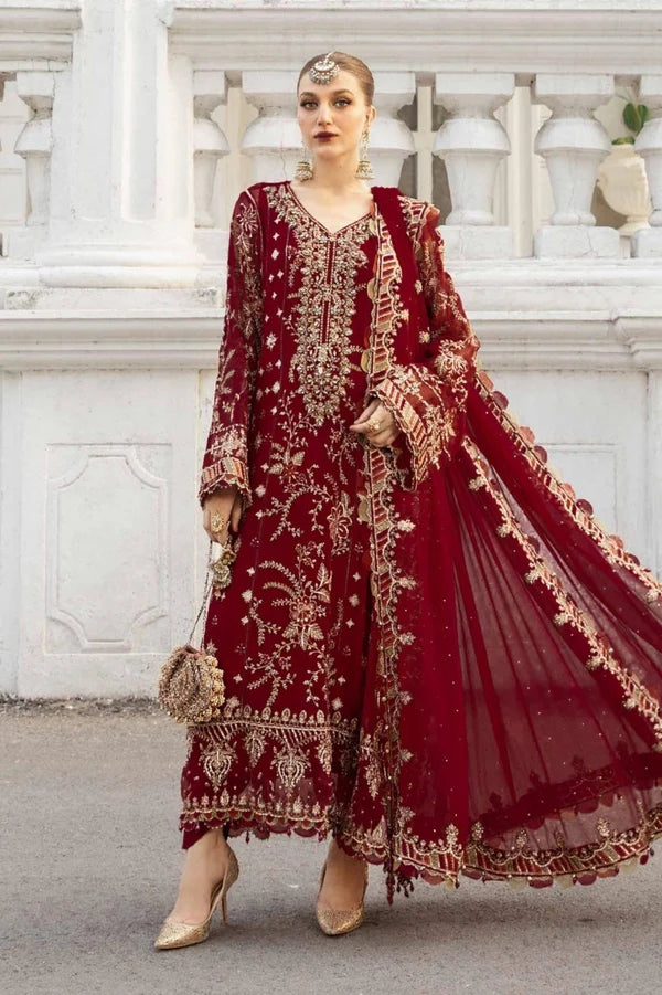 Deep Maroon & Antique Gold: Embroidered Chiffon Suit | Ready To Wear