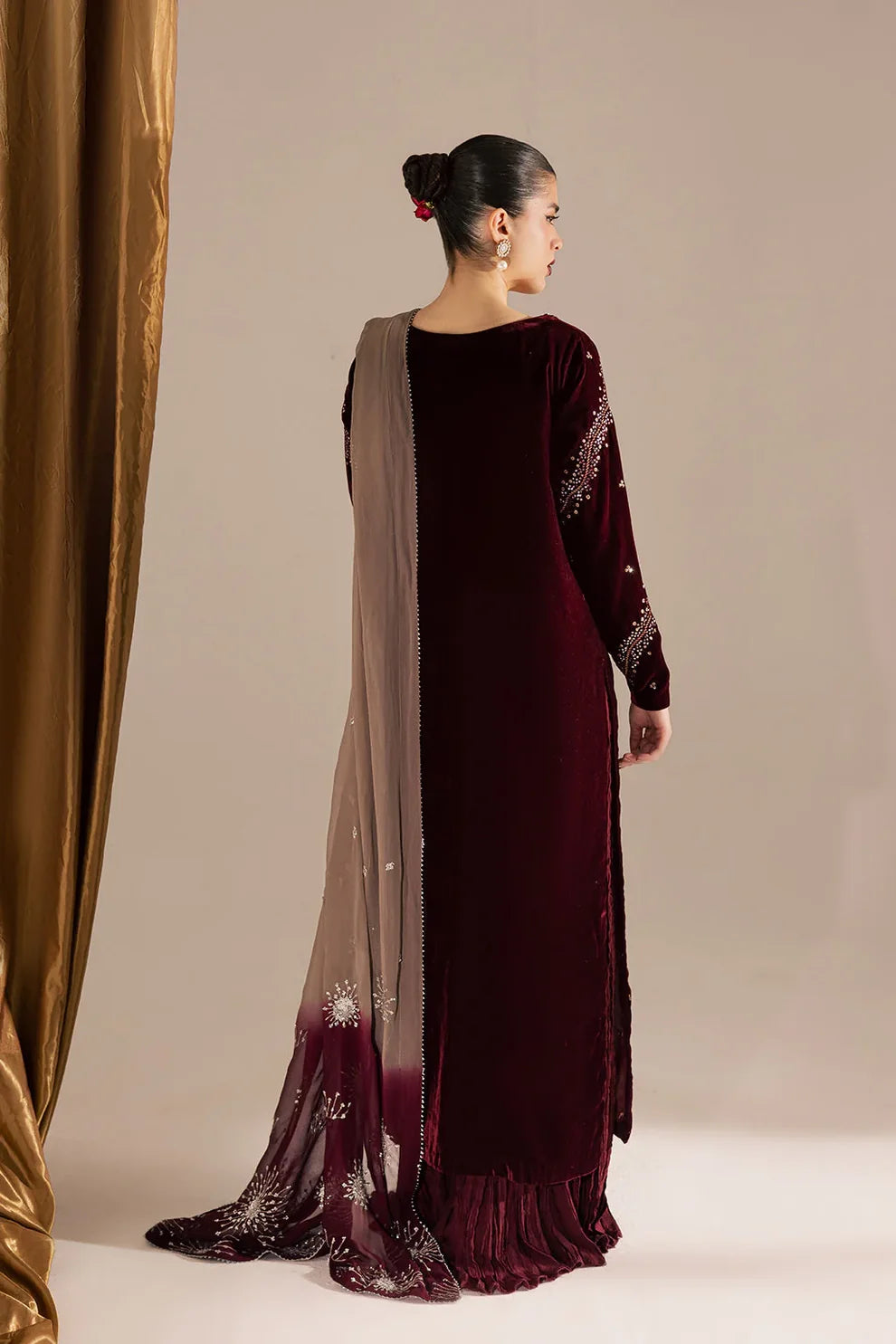 Wine Maroon & Champagne: Embroidered Velvet Suit | Ready To Wear