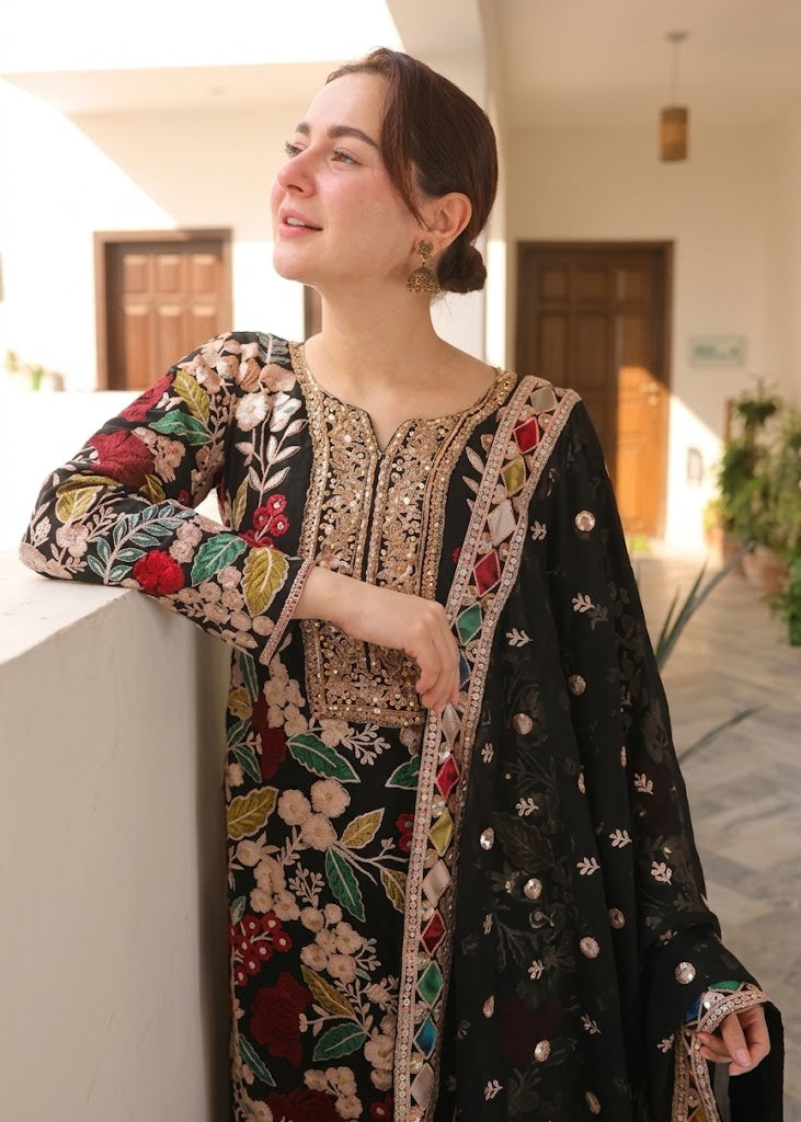Jet Black & Multi-Color Floral Embroidered Chiffon Suit | Ready To Wear