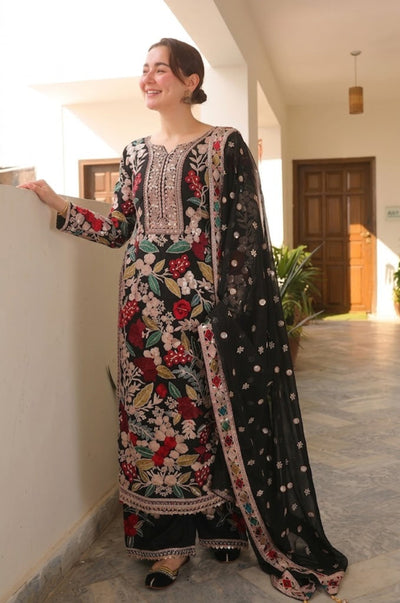 Jet Black & Multi-Color Floral Embroidered Chiffon Suit | Ready To Wear