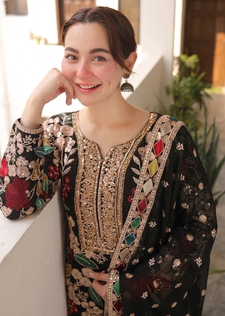 Jet Black & Multi-Color Floral Embroidered Chiffon Suit | Ready To Wear